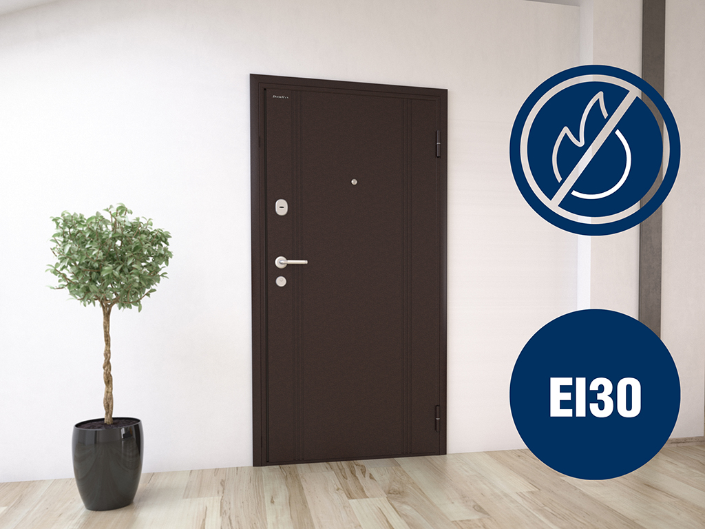 Дополнительно на бытовую дверь «ПРЕМИУМ» можно установить противопожарную терморасширяющуюся ленту. При воздействии высоких температур наполнитель ленты расширяется, заполняя зазоры и препятствуя проникновению дыма. Предел огнестойкости двери при применении терморасширяющейся ленты составляет не менее 30 минут (EI30), что подтверждено сертификатом соответствия ГОСТ Р 53307-2009.